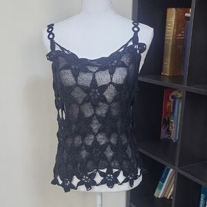 Black Boho Crochet Flower Swimsuit Coverup Night Life Resort Tank
